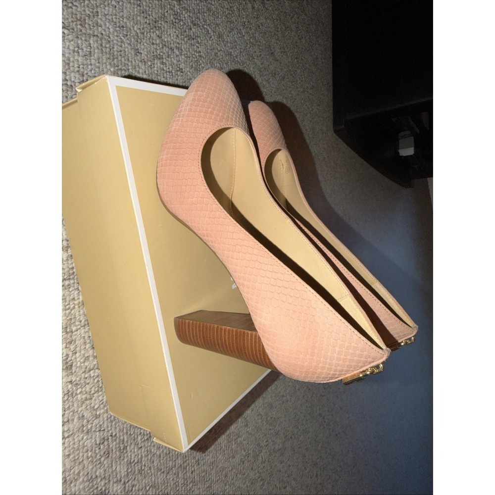 New!  Michael Kors Mira Flex Pump Snake Embossed Dusty Rose Suede Block Heel 8.5